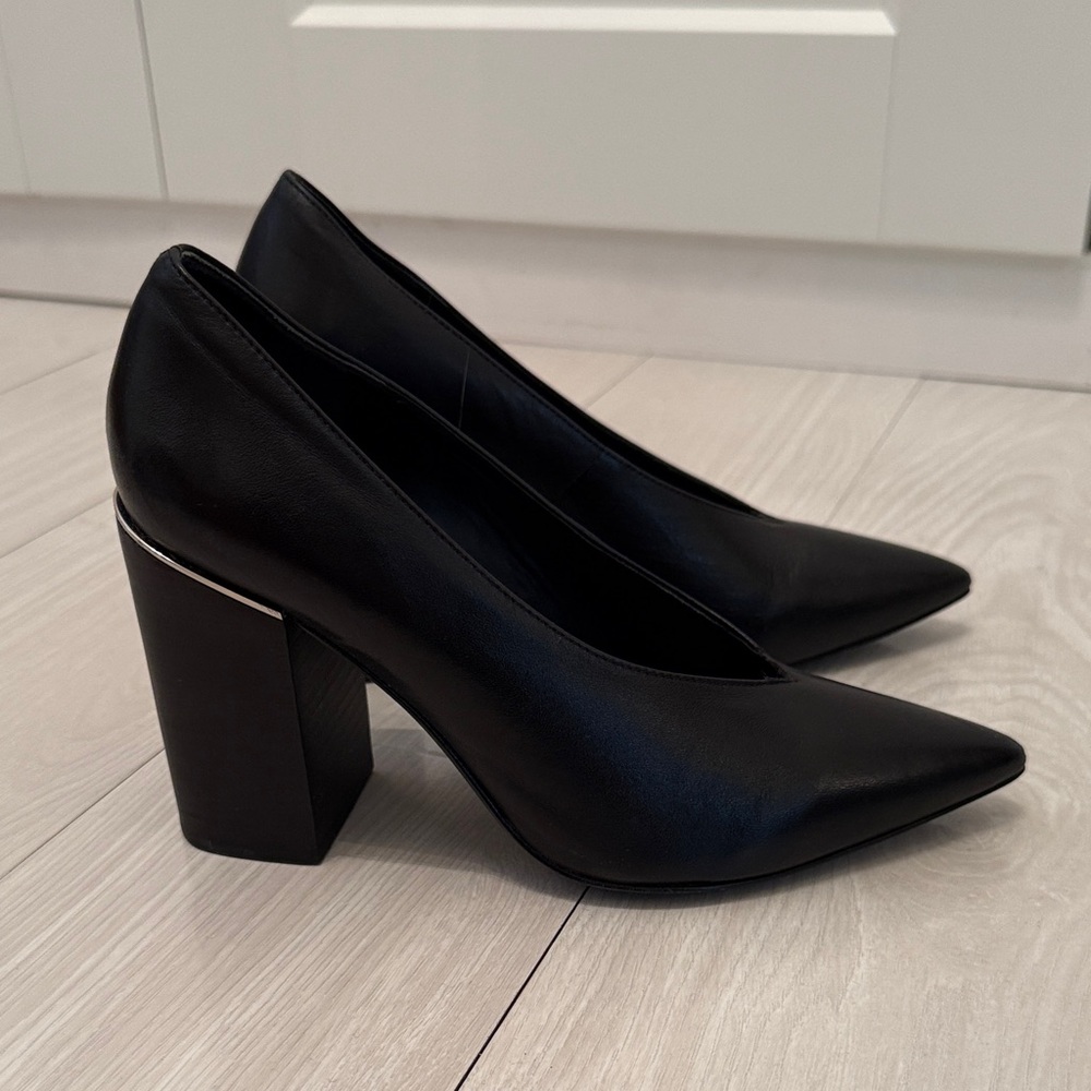 AllSaints XERXES Black Pointed Leather Block-Heel Pumps - Picture 5 of 6